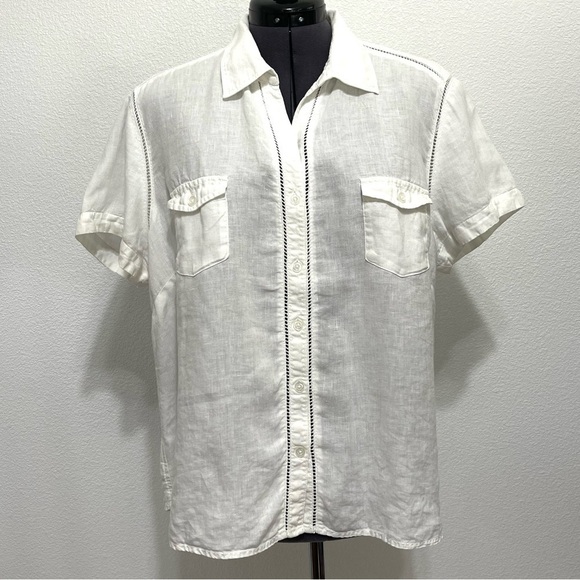 Eddie Bauer Woman 100% LINEN White Top Button down Short Sleeve Shirt Size XL - Picture 1 of 10
